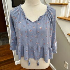 Hippie Rose Juniors’ Medium Light Blue Ruffled Peplum Hem Shirt Top Boho